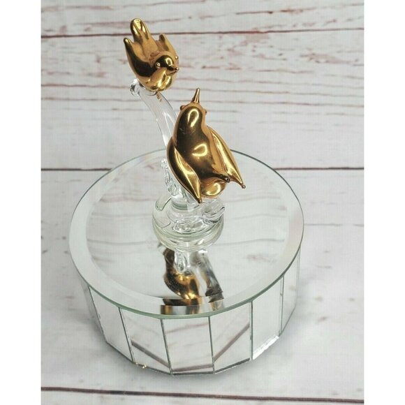 Gold-Tone Bird Figurines on Mirrored Rotating Base | Elegant Decorative Piece - Picture 8 of 12